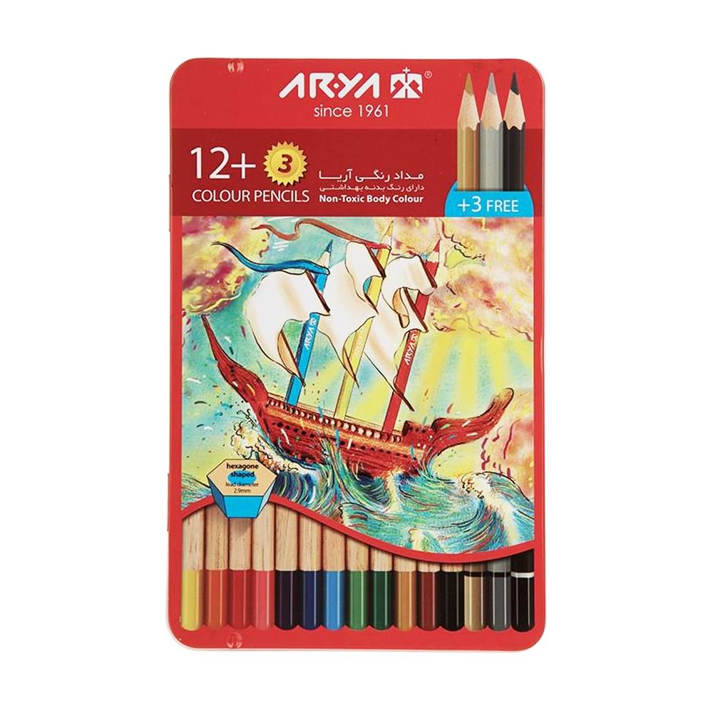 مداد رنگی 12+3 رنگ فلزی آریا